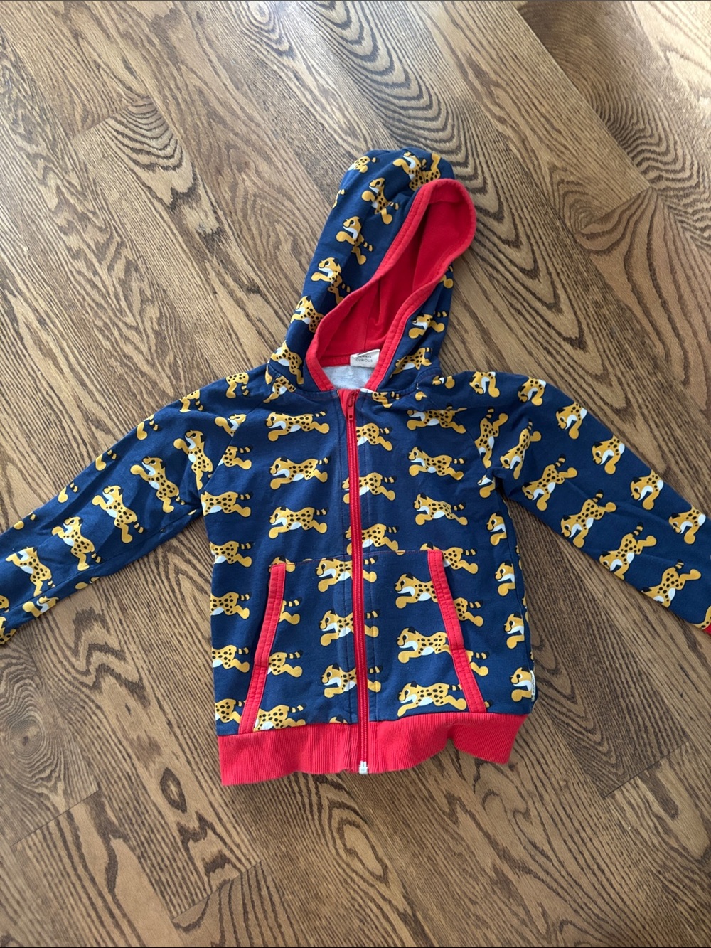 Kids Navy Hoodie with Yellow Cheetah Print and Red Trim